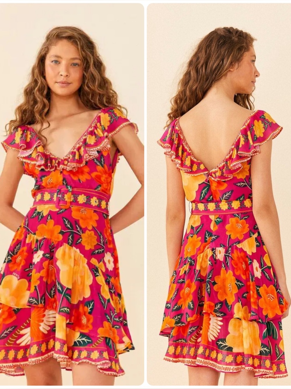 FARM Rio Pink Flowers Tapestry Mini Dress NWT XS Ruffle Belted Floral
